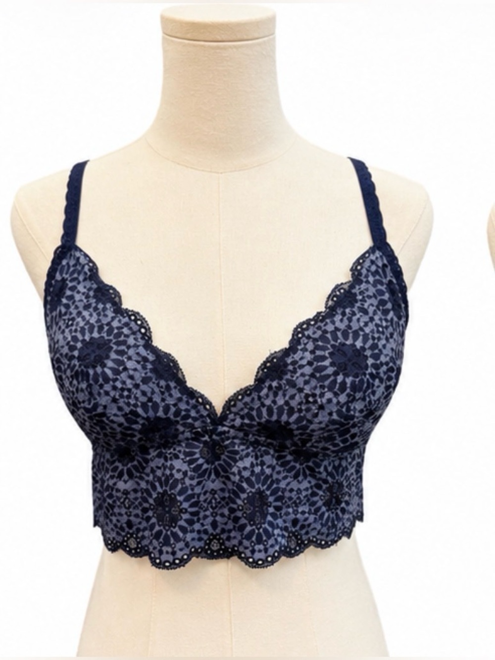 Aerie Navy Blue Lace Longline Bralette Size Large NWT Floral Lace Scalloped